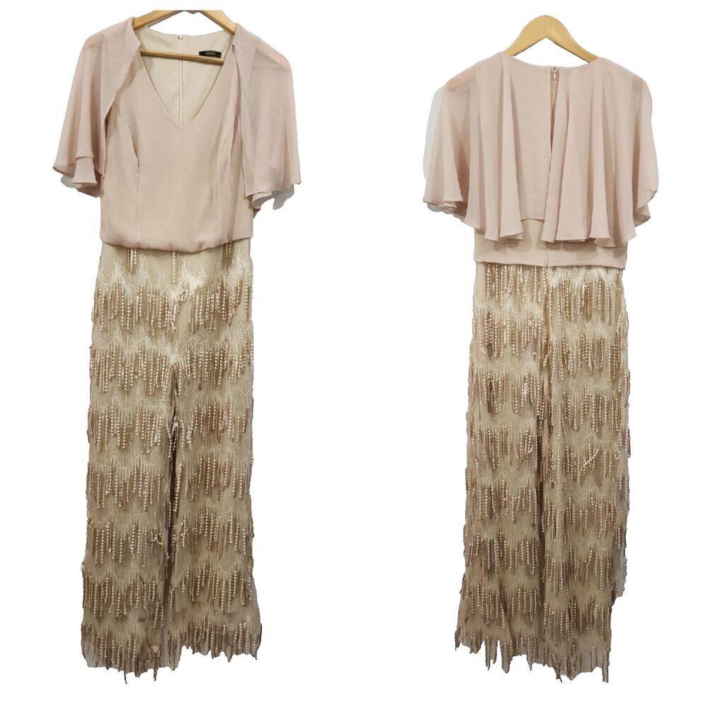 Genese London Fringe Sequin Bodysuit Festival Wide-leg Chiffon Beige EUR 42